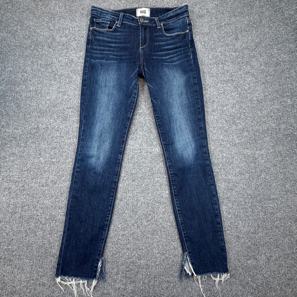 Paige Verdugo Ankle Jeans Womens 27 Blue Dark Wash Skinny Stretch Raw‎ Split Hem